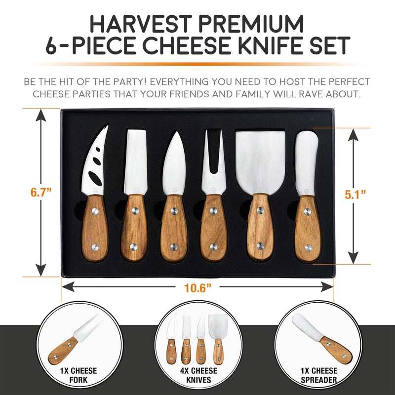 ICOSA Living Harvest 6-Piece Cheese Knife Set (Gift-Ready) - Premium Stainless Steel Cheese Knives with Rivets, Full Tang Blades and Teak Wood Handle Charcuterie Board Accessories w/ 15 Festive Recipes - Image 2